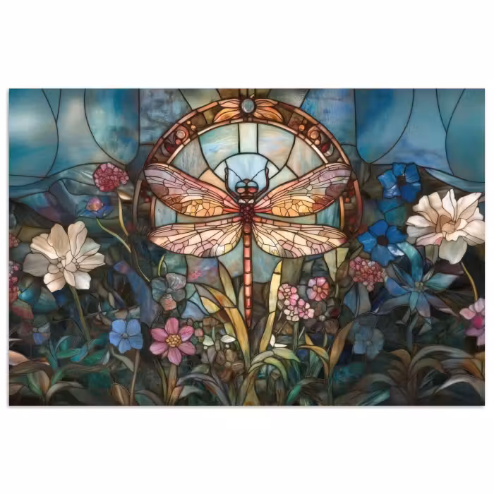 Affiche - Libelle - Mosaïque - Fleurs - Coloré