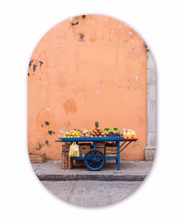 Ovale murale en aluminium - Plexiglas - Fruits - Chariot - Rue